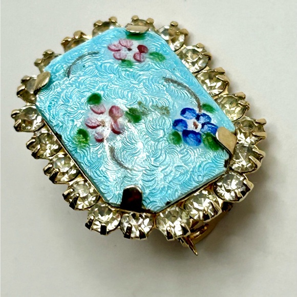 Vintage Guilloche Mid Century Rectangular Enamel Rhinestone Pin Blue Small 50’s - Picture 4 of 14